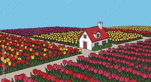 Colorful tulip fields surrounding a house illustration against a clear sky