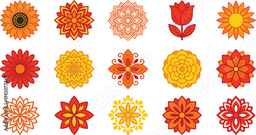 Orange and yellow floral ornament icon set featuring sunflower, lotus, mandala flowers and decorative blossom shapes for summer botanical design vector collection