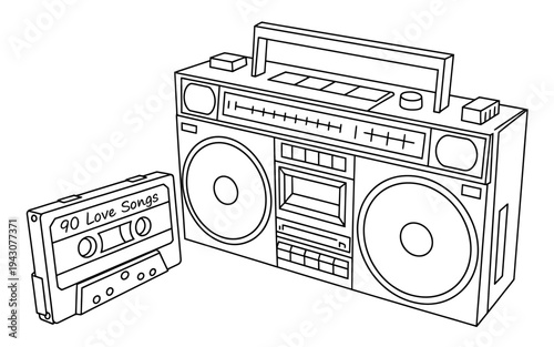 Retro boombox and cassette tape music player devices  old school sound equipment