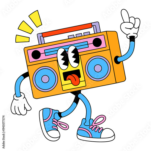 Colorful cartoon boombox character with sneakers and playful gesture on white background