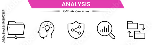 Analysis icons depicting data evaluation, charts, graphs, statistics, insights, trends, reports, metrics, research, assessment, monitoring, performance, strategy, decision-making, and review.
