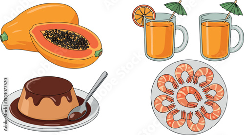 Papaya dessert and juice illustration set featuring fresh tropical fruit drinks and sweet food presentation flat vector style collection
