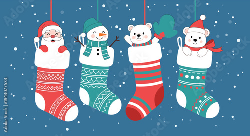 Four festive Christmas stockings hanging with Santa Claus, a snowman, and polar bears inside under a magical snowy blue night sky background.