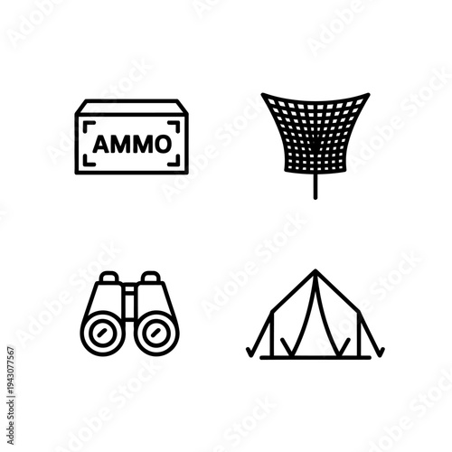 Camping and hunting icons with ammo box and binoculars on white background