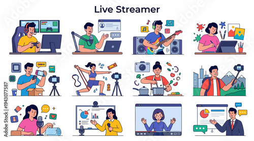 Live Streamer Set: Diverse Creators Broadcasting Online