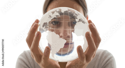 Woman holding transparent globe with world map on white background
