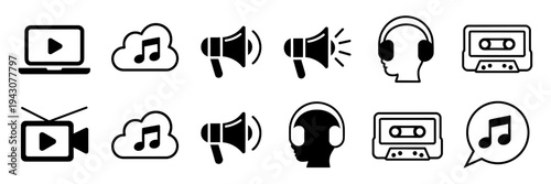 Black and white set of audio video music media icons on white background