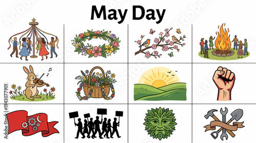 May Day Celebration Icons and Symbols
