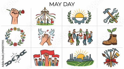 May Day Celebration Icons: Labor, Spring, Unity, and Freedom