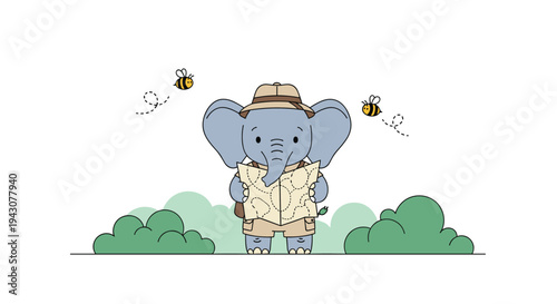 Adorable baby elephant character wearing a safari outfit and hat while looking at a map surrounded by green bushes and flying bees.