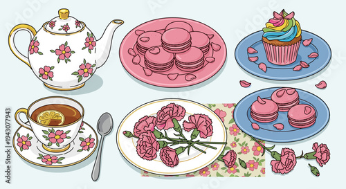 A delightful tea party scene featuring a floral teapot, macarons, cupcakes, and roses in a colorful, modern illustration style