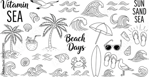 Summer beach days collection, palm tree ocean wave surfboard sunglasses flip flops seashell coconut tropical holiday vector line art clipart set, designs.