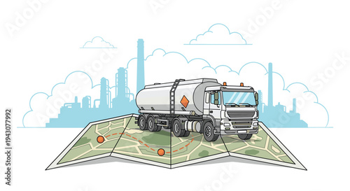 Tanker truck for fuel delivery travels on a navigation map with industrial factory and plant background for logistics concept.