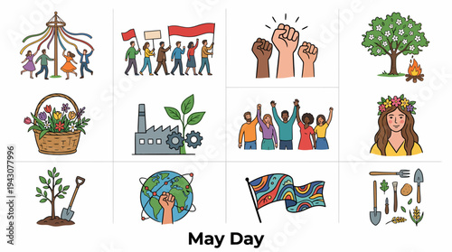 May Day Celebration Vector Icons - Spring, Labor, Unity