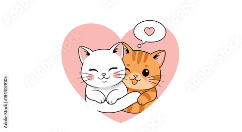 Two cute cartoon cats, one white and one orange, hugging each other inside a large pink heart shape for a romantic theme.