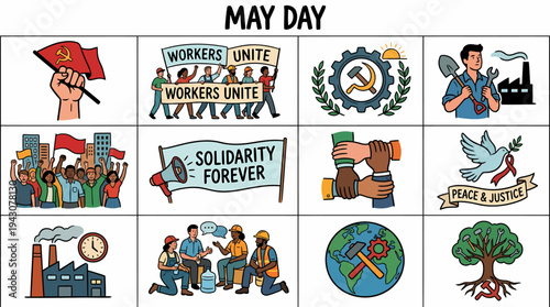 May Day Labor Day Icons: Workers Unite, Solidarity, Peace, Justice