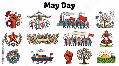 May Day Symbols - Labor Day, Spring Celebration, Socialism Icons