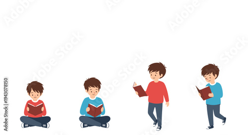 Group of illustrations showing a young boy reading books while sitting, standing, and walking to promote literacy and education.