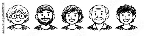 Set of five hand-drawn diverse character portraits in a minimalist black and white sketch style. Includes men and women of various ages, ideal for avatars or social media icons.