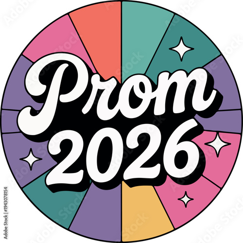 Retro sunburst prom 2026 badge with stars vector