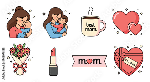 A colorful collection of Mother's Day icons featuring moms with children, gifts, and heartfelt symbols in a flat design style