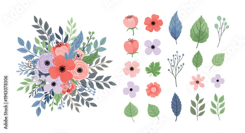 Vibrant floral bouquet with red, purple, and pink flowers including a comprehensive set of matching petals, leaves, and stems.