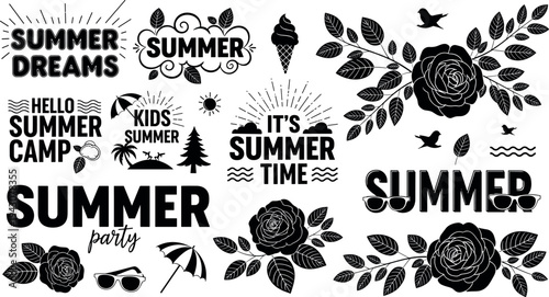 Summer dreams party collection, floral rose silhouette, hello summer camp lettering, tropical beach sun elements, holiday seasonal vector clipart set, designs.