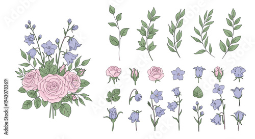 Delicate bouquet of pink roses and blue bellflowers with a variety of individual botanical elements for custom floral designs.