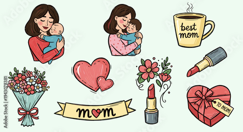 A charming illustration featuring loving mothers with children, floral elements, and heartfelt gifts in a playful style