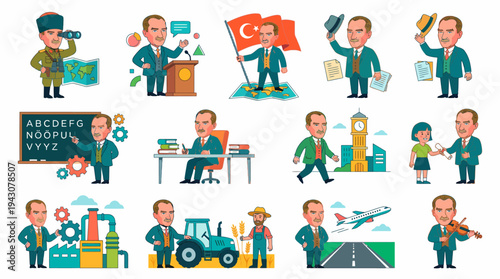 Mustafa Kemal Atat?rk cartoon character vector illustrations