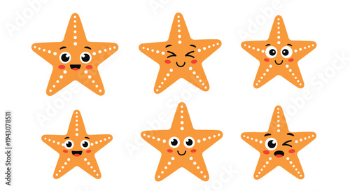 Collection of six orange starfish characters with diverse facial expressions such as happy, winking, and surprised for sea themes.