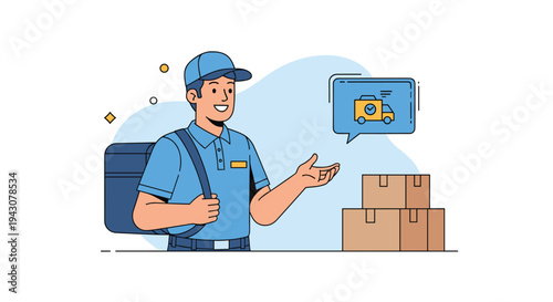 Delivery courier character in a blue uniform standing next to a stack of packages with a digital tracking icon in a speech bubble.