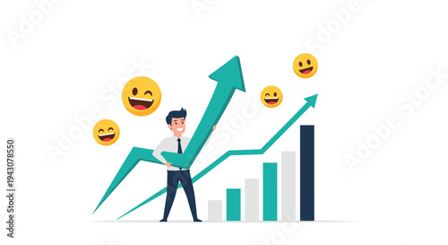 Happy businessman holding a large green arrow that follows a rising bar chart surrounded by positive winking and laughing emojis.