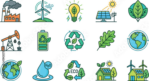 Renewable energy and ecology icon set featuring wind turbine, solar panel, recycling symbol, eco house, water drop, earth globe and green environment vector illustration