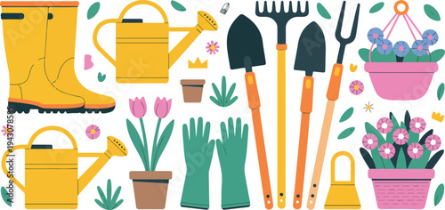 Spring gardening tools and blooming flowers collection with watering cans boots gloves pots and plants colorful flat vector illustration set