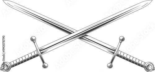 Crossed medieval swords, isolated vintage engraving style weapon illustration, knight battle emblem, heraldic symbol, antique steel blades, warrior combat design