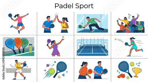Padel Tennis Sport Illustrations - People Playing & Equipment