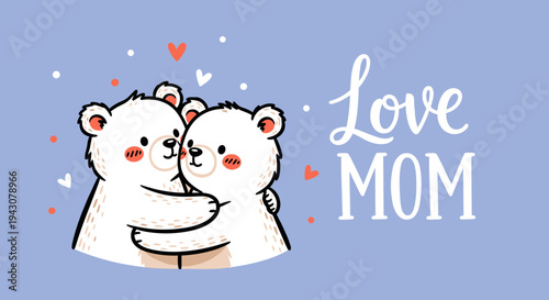 Two cute polar bears hugging with a heartfelt message in a playful, colorful style