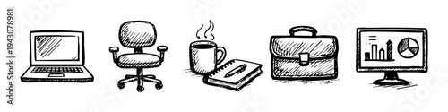 Hand-drawn black and white sketch of office icons: laptop, swivel chair, coffee mug, notebook, briefcase, and data monitor. Perfect for business, productivity, and remote work themes.
