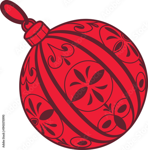 Red round ornament ball with decorative patterns and ribbon vector illustration EPS PNG file