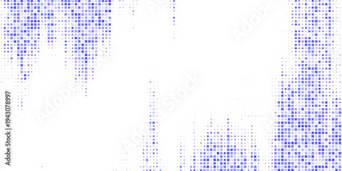 Abstract blue pixel mosaic background with scattered square dots forming a modern geometric pattern on a white background