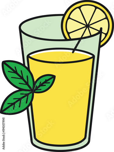 Glass of yellow lemonade with lemon slice mint leaves vector illustration EPS PNG file