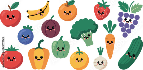 Cute kawaii fruits and vegetables characters set with smiling faces healthy food cartoon flat vector illustration collection