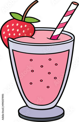 Pink strawberry smoothie in transparent cup with straw and fresh strawberry vector illustration EPS PNG file