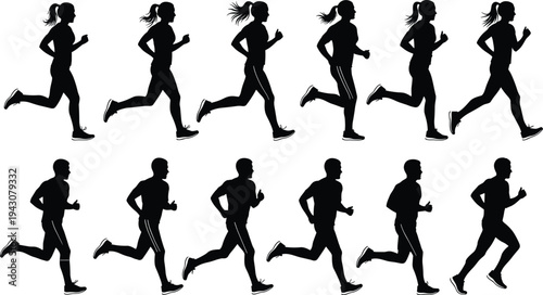 Running people silhouettes collection with male and female joggers isolated fitness training and marathon athlete illustration set