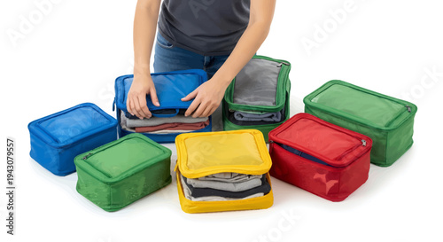 person organizing clothes in colorful packing cubes