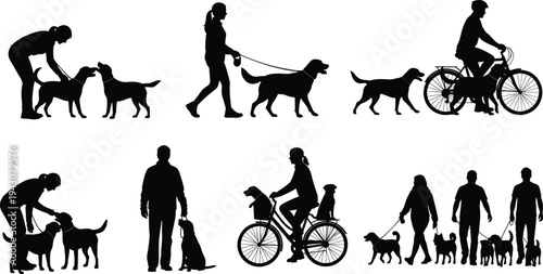 People walking dogs silhouettes collection showing pet owners training, cycling and walking with dogs outdoor lifestyle illustration set