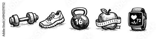 Set of hand-drawn fitness and healthy lifestyle sketches on white background: dumbbell, running shoe, kettlebell, apple with measuring tape, and a smartwatch heart rate monitor.