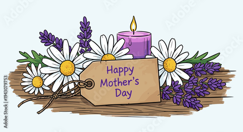 A vibrant Mother's Day illustration featuring daisies, lavender, and a card with a heartfelt message, in a colorful, modern style