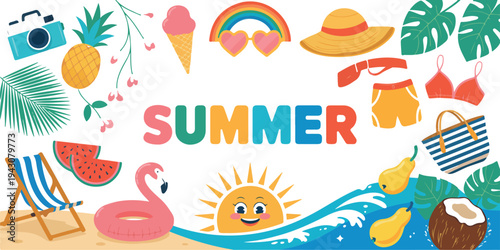 Summer vacation elements collection with beach chair flamingo pineapple swimsuit rainbow and tropical objects colorful flat vector illustration set